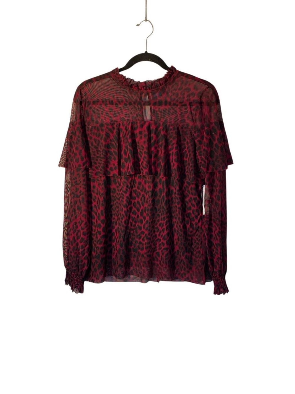 -NWT Worthington women’s semi sheer, leopard print Ruffle blouse L